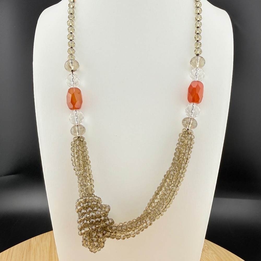 Vintage Multi Strand Beaded Necklace Knotted Smoky Quartz Glass Statement Boho